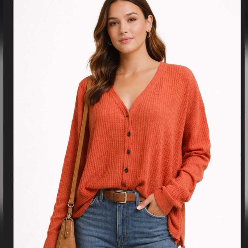 Urban Outfitters Out From Under Waffle Knit Button Front Top in Salmon